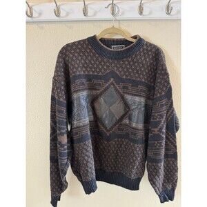 Saxony Sweater Mens Large Brown Black Leather Grandpa Cosby Color Block